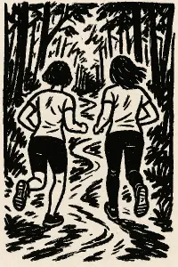 hrubá črta, bold line, dvě ženy, jedna kratší vlasy na krk druhá po ramena, střední postavy, běží lesem, pohled ze zadu,