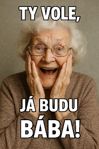 Obrázek babičky a u něho bude nápis: Ty vole, já budu bába!