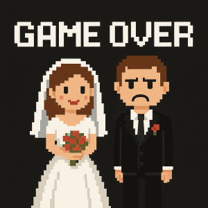 vytvor obrazek nevesty a zenicha ve forme game over ve smyslu pro toho zenicha