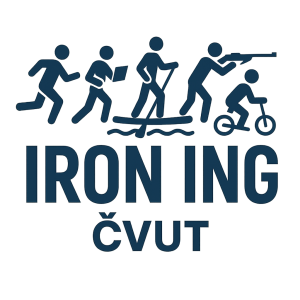 Logo štafetové akce ČVUT s názvem IRON ING. Součástí je běh, orientační běh, paddleboard, koloběžka a biatlon.