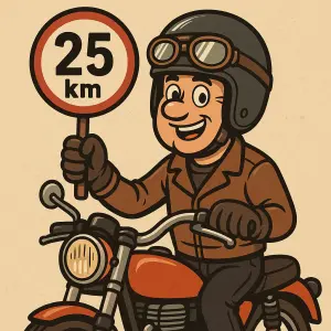 Vytvoř obrázek kresleného motocyklisty s otevřenou helmou a retro brýlemi,držícího značku 25 km jako výstražnou plácačku