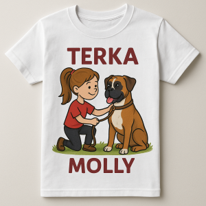 Tricko na canirossove zavody. Divka a nemecky boxer. Napis Terka a Molly