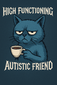 modrá kočka s otráveným výrazem, espressem v ruce, nápis: high functioning autistic friend, napis ve stylu heavy metal