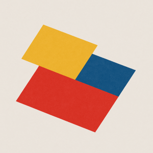 Three random parallelograms, one large red, one smaller yellow, one smaller blue.allconnected and slightly overlapping