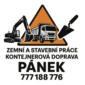 Zemní a stavební práce Kontejnerová dopravaPánek 777188776Logo triangl pásový bagr, nákladní auto a zednická lžíce