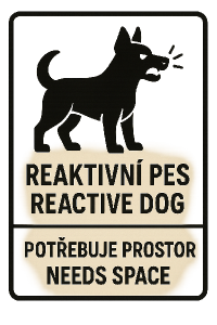 Potřebuji ikonu psa a text, který znázorňuje, že je pes reaktivní a potřebuje prostor. Česky a anglicky