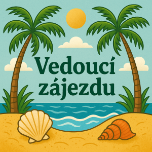 Uprostřed nápis Vedoucí zájezdu a okolo nápisu, palmy, mušle, moře