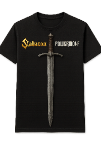 Na levém prsu na triku prosím logo skupiny Sabaton, na pravém prsu logo skupiny Powerwolf, a středem trika vede meč.