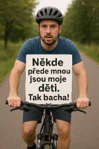 Chlap jedouci na kole: Někde přede mnou jsou moje děti. Tak bacha!