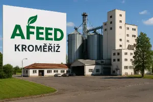 Firma afeed logo a k tomu pozadí areálu provozovny kroměříž. Ale reálné!