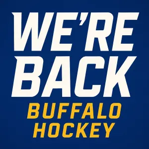 Vytvoř moderním sportovním fontem "WE'RE BACK" Buffalo Hockey ve stylu barev dresu Buffalo Sabres