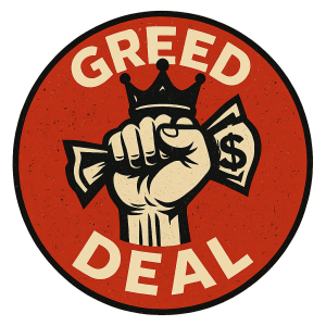 Symbol mocenské chamtivosti z nápisem greed deal