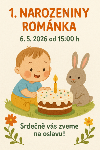 1. narozeniny Románka, batole s dortem a zajíčkemdatum: 6.5.2026 od: 15:00hstyl: pozvánka na dětskou batolecí oslavu,