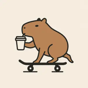 Kapybara co jede na skateboardu a přitom pije kávu. Styl minimalistický.