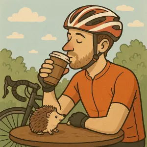 Cyklista pijící kávu s ježkem