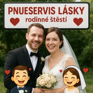 Fotka novomanželů se sloganem pneuservis lásky - rodinné štěstí nějaký srdíčka a emotikony novomanželů