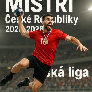 Vítězný házenkář s míčem při střelbě ve výskoku Text : MISTŘI České Republiky 2025-2026 žákovská liga