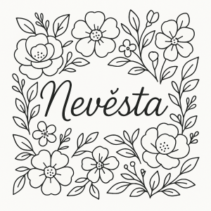 Bílý text "Nevěsta", květiny okolo taky v bílé barvě, jednoduchý line art