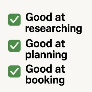 napis: ✅ Good at researching ✅ Good at planning✅ Good at booking