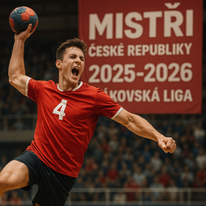 Vítězný házenkář s míčem při střelbě ve výskoku Text : MISTŘI České Republiky 2025-2026 žákovská liga