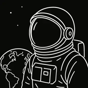 Kosmonaut jen jednoduché obrysy bílou barvou. Větší detail na helmu. V pozadí země