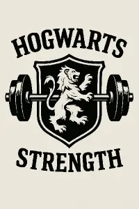 1. Line Text: HOGWARTS Uprostřed znak koleje nebelvír a skrz něj vede velká čínka. Pod znakem je text: STRENGTH
