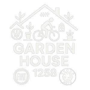 Garden House 1258, logo Fiat a logo Škoda auto, cyklistická tématika, vše v bílé barvě