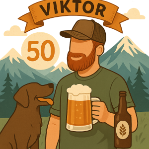 viktor slaví 50 má rád psy a hory. vlastní pivovar. obrázek bez običeje