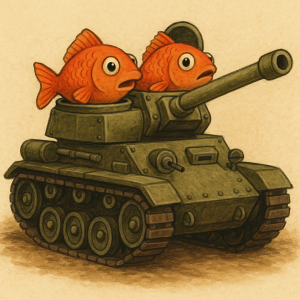 Two fish driving armored tank