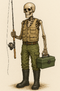 Prompt: A detailed illustration of a skeleton fisherman wearing green cargo pants, black fishing wader boots, and a base
