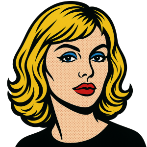 Stylizovaný portrét blondie, může být ve stylu pop art, ale bez pozadí. Barva rtů červená, oči modré, vlasy blond.