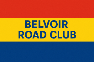 A rectectangle divided into only Red, yellow and blue portions. The words 'BELVOIR ROAD CLUB' are written in Blue text.