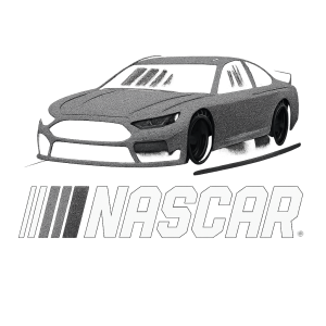 logo nascar s autem v pozadí vše černobílé