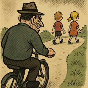 Chlap jedouci na kole s detmi pred nim vdali.Pan je videt zezadu. zduraznit ze pan muze byt nebezpecny.Vygene karikatur