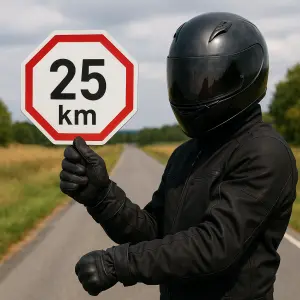 Vytvoř obrázek motocyklisty držícího značku 25 km jako výstražné placatku.