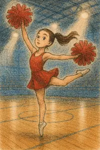 děvče tančící performance pom piruetu, vypadá jako nakreslená, má otevřené oči, ve sportovní hale ve světlech