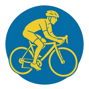 Illustration of a cyclist, entirely in yellow. On a blue circle. No background