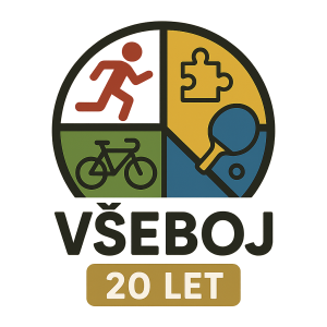 Logo sportovně kulturní akce s názvem Všeboj, která slaví dvacáté výročí. Akce se vyznačuje extrémní pestrostí aktivit.