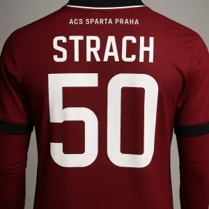Na zádech jméno "Strach" a číslo "50" Udělej to v designu ACS Sparta Praha, ať to vypadá jako dres.