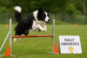 Pes skákající přes překážku v rally obedience