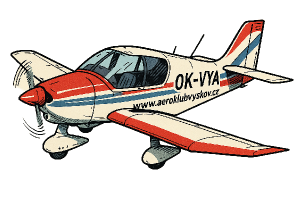 Letadlo Robin DR400 s imatrikulací 'OK-VYA', text: 'www.aeroklubvyskov.cz', komiksový styl, bez pozadí