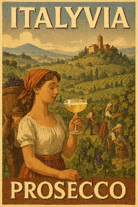 Italská vinice, historie, prosecco. Nápis: Italyvia
