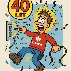 kreslený elektrikář pod proudem, oslava 40 let, na sobě má mikinu značky Strauss