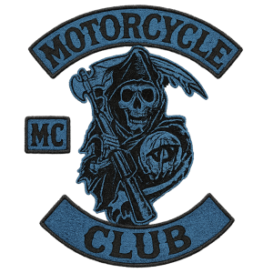 Styl nášivky motorkářského klubu, inspirace seriálem Sons of Anarchy. Modré a řerné barvy