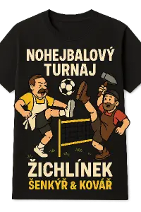 navrhni mi vtipný a zábavný grafický návrh trika na nohejbalový turnaj v obci Žichlinek ve složení týmu Šenkýř a Kovář