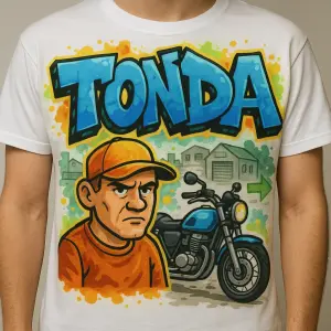 na tričku velký grafity obrázek s nápisem Tonda s motoristickým pozadím