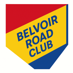 An angular shapedivided into only Red, yellow and blue portions. The words 'BELVOIR ROAD CLUB' are written in Blue text