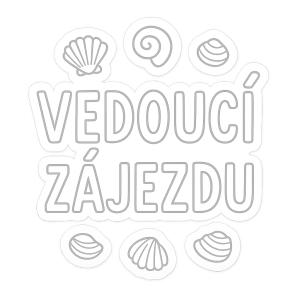 Samolepka s nápisem Vedoucí zájezdu. Okolo nápisu malé mušličky. Vše v bílé barvě bez pozadí