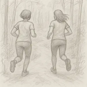 dvě ženy, jedna kratší vlasy na krk druhá po ramena, střední postavy, běží lesem, pohled ze zadu, jen hrubý náčrt