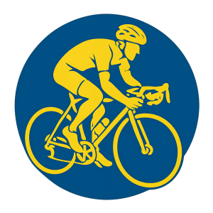 Illustration of a cyclist, entirely in yellow. On a blue circle. No background
